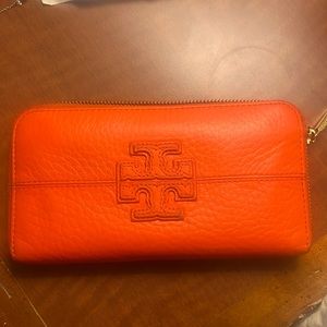 Tori, Burch, orange pebble, leather zip around wallet